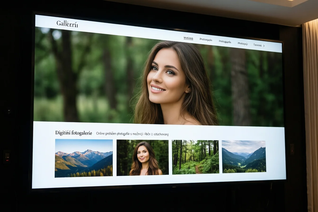 Digitální fotogalerie – Přehled digitální fotogalerie s výraznými a přirozenými snímky na obrazovce.